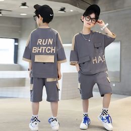 Summer Teenage Boy Short Sleeve Clothes Set Children Letter Print Top and Bottom 2 Pieces Suit Kid Tshirts Shorts Tracksuit 240318