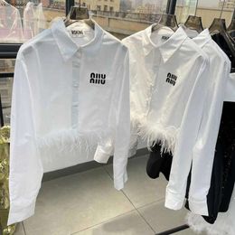 Embroidery Letter Long Sleeve Ostrich Hair for Women 23 Spring French Polo Neck Temperament Short Shirt Trend