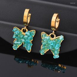 Dangle Earrings LEEKER 316L Stainless Steel Blue Green Crystal Butterfly Hoop For Women Party Accessories Gold Colour Jewellery 935 LK3