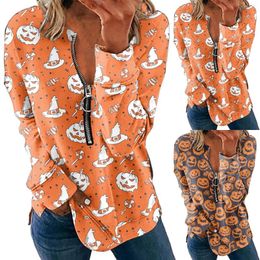 Women's Hoodies Fleece Lined Active Top Women Ladies Halloween Pumpkin Print Fashion Casual Long Sleeve Zipper Lapel Zip Up Sweaters