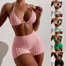 2024 New Bikini Split Solid Colour Swimsuit High Waist Flat Corner Pants Show Thin Bikini Sexy
