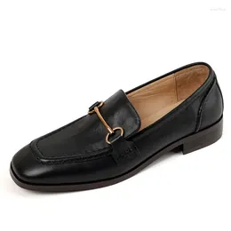 Dress Shoes Genuine Leather Women Loafers SmallHut 2024 Spring Ladies Black Brown Square Toe Low Heels Metal Decoration