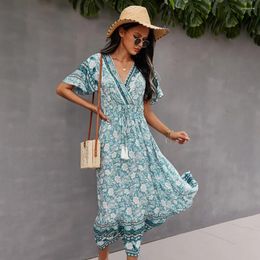 Party Dresses Summer 2024 Yellow Bohemian Women V Neck Long Dress Short Sleeve Floral Print Ladies Tassel Boho Midi