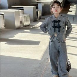 Clothing Sets 2024 Korea Style Girls 2 Pcs Denim Set Coat Wide Pants Good Quality Spring Fashion Suit 5-12t F422