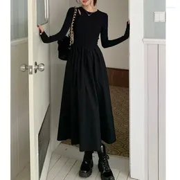 Casual Dresses Korean Fashion Sexy Long Dress Hollow Knitted Long-sleeved Black A Line Chic High Street Y2k Pleated Robe For Women