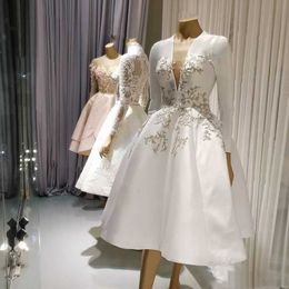 2023 Elegant Knee Length A Line Wedding Dresses Silver Embroidery V-Neck Long Sleeves White Bride Reception Gowns Simple White Satin Vestido De Novia