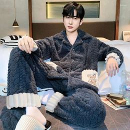 Men's Sleepwear Plus Size Pyjamas Coral Fleece Home Wear Set Autumn Winter Loungewaear Boys Cartoon Thickening Flannel Male Suit