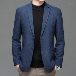 Men's Suits England Style Men Blue Grey Wool Blazers Spring Autumn Elegant Sheep Woollen Jacket Suit Male Outfit Of The Day Office Fashion