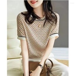 Women's T Shirts Style Western Short Sleeve Summer Printed Round Collar Mulberry Silk Shirt Satin Small Thin Versatile Top
