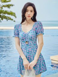 Women's Swimwear Ladies Korean 2024 One-piece Striped Swimsuit Vibrato Conservative Short Sleeve Skirt Open Back Fresh Swimsuits