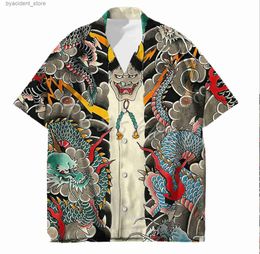 Men's Casual Shirts Tessffel samurai Japanese tattoo 3D printed mens Hawaiian beach shirt fashionable summer Harajuku casual oversized street clothing L240320