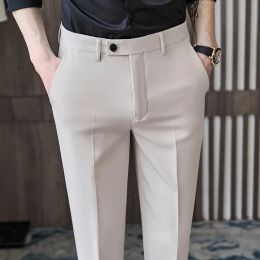 British Style Autumn New Solid High Quality Dress Pant Men Slim Fit Casual Office Trousers Formal Social Wedding Party Suit