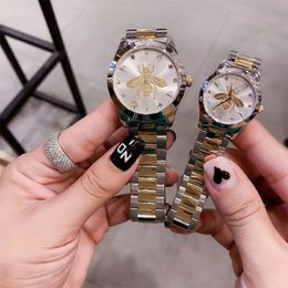 Luxury His & Hers Watches Set Classic Silver 38mm & 28mm Stainless Steel Bee Pattern Dia Fashionable Couple's Timepieces