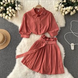 Two Peice Set For Women Summer Turn Down Collar Crop Top Shirt Pleated Mini Skirt Tracksuit Lounge Club Outfits Streetwear 240321