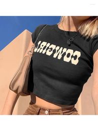 Women's T Shirts O-Neck Crop Tops Women Summer Fashion COWGIRL Print Casual Basic Sexy Streetwear Brown Short Sleeve Picnic Ins