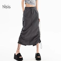 American Retro Cargo Skirt for Women Summer Slit Design Drawstring High Waist Midlength Y2k Streetwear Fashion Clothing 240321