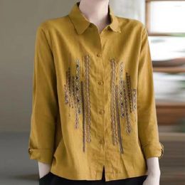 Women's Blouses Women Top Embroidered Lapel Shirt For Loose Fit Long Sleeve With Single Breasted Detail Streetwear Spring Fashion