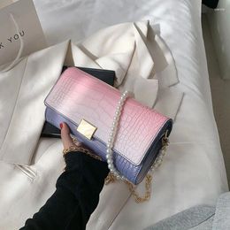 Bag Brand Designer Crocodile Pattern Women's Shoulder Fashion Chain Pearl Handbag Small Flap Sling