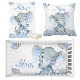 LVYZIHO Baby Boy Crib Bedding Set Custom Name Flower Blue Elephant SetBaby Shower Gift 240313