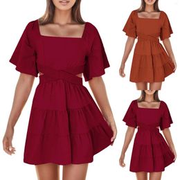 Casual Dresses 2024 Women Dress Cross Hollow Out Waist Short Sleeve Square Neck Tiered Elegant A-Line Sundresses Vestido Feminino