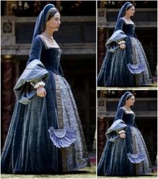 Navy Blue Victorian Gothic Evening Formal Dresses Civil War Southern Velvet Lace Long Sleeve Square Halloween nun Prom Gowns7193297