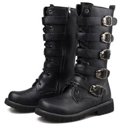 boots Men Motorcyclist Boots Military Tactical Boots Metal Punk Style Man Rock Boots Mid Calf Gothic Large Size Leather Men's Shoes