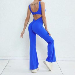 Active Sets Flare Jumpsuit Women Padding Fitness Overalls Lycra Gym Set Sportswear Sport Outfit For Woman Yoga Clothing Blue Brown Red