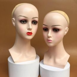 Stands Female Professional Cosmetology Bald Mannequin Head for Making Wigs, Displaying Wigs, Glasses, Hair with Wig Net Cap