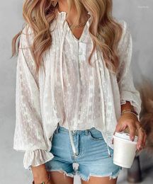 Women's T Shirts Blouse Spring Clothing Dot Frill Hem Tied Detail Top Semi-Sheer Long Sleeved Stand Collar Vacation Blouses