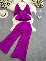 Summer Women GreenPurpleYellowBlue Pleated Two Piece Set Sexy VNeck Short Sleeve Ruffle Hem Tops Wide Leg Pants Suit 2Pcs 240314