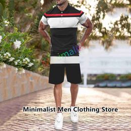 Men's Tracksuits Mens Polo Suit Summer New Fashion Luxury Brand Casual Suit Button Lapel Striped T-shirt Short Sleeve Male 2 Piece Outfits L240320