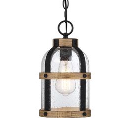 DOCIUEON Outdoor Pendant Light Porch,waterproof Modern Exterior Hanging Lantern Adjustable Chain, in Black and Wood Grain Finish with Air Bubble Glass for Front