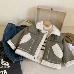Jackets Children Clothing 2024 Autumn Winter Boys Korean Style Fur Velvet Warm Fashionable Casual Simple Kids Jacket Coat