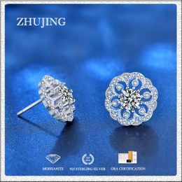 100% Real S925 Silver Floral Stud Earrings with 0.5 carat Moissanite for Women Mother Teaherday Luxury Lab Diamond Round Earring