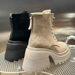 Boots Beige Black Women's Suede Leather Ankle Boots,thick Bottom Platform Short Shoes Autumn And Winter Fashion High Heels Woman Shoes