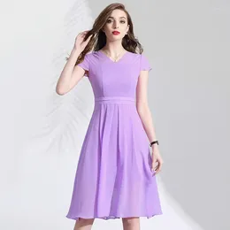 Party Dresses Dress Summer XL-XXL 2024 Women's Short Sleeved V-Neck Pink Purple Solid Colour Chiffon Perspective Slim A-Line Knee Length