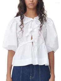 Women's Blouses Sweet Short Puff Sleeve Shirt Top For Women Solid Bow Lace Up Loose Pleated Cropped Shirts 2024 Spring Summer Lady Casual