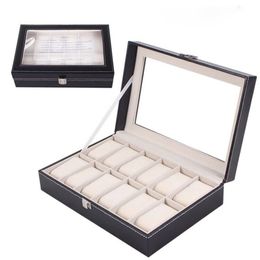 12 Grids Fashion Watch Storage Box PU Leather Black Watch Case Organiser Box Holder for Jewellery Display Collection276n