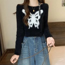 Women's Sweaters Butterfly Knitted Sweater Warm Solid Colour Plush Knit Pullovers Tops Leather Shoulder Straps Strapless Daily