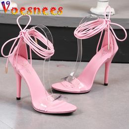 Korean Style Chain Decoration Sandals Transparent One Word Strap LaceUp Walk Show Super Thin High Heels Sexy Party Women Shoes 240318