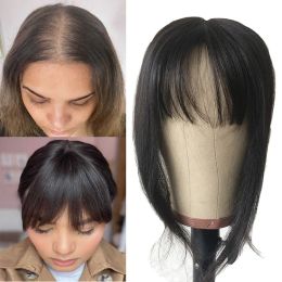 Toppers Natural Black Hair Topper with Bang For Women Silk Base Human Hair 4 Clips In Toppers for Thinning Hair