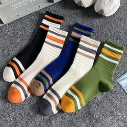 Men's Socks 5 Pairs Men Autumn And Winter Striped Sports Comfortable Breathable Wear-resistant Warm Polyester Cotton Mid Tube