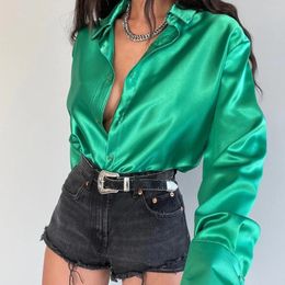 Women's Blouses Spring Summer Minimalist Lapel Satin Single Breasted Female Long Sleeved Shirt Sexy Professional Blouse