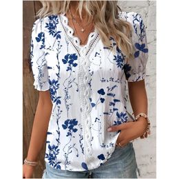womens top summer comfortable and casual Vneck lace patchwork printed short sleeved shirt clothing 240320