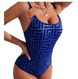 New Women's Bikini Swimwear Beach One Piece Swimsuit Designer Geometric Pattern Lace up Print Off Back Sexy Multi Colour Swimsuit