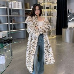 Large Fur Womens Polo Neck Loose and Stylish Versatile Leopard Print Winter Warm Mink Coat Ecological
