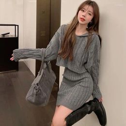 Work Dresses Knitted Outfits For Women 2024 Spring Autumn Hooded Small Fragrant Sweater High Waist Wrapped Hip Half Skirt Two Piece Set