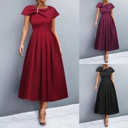 Casual Dresses Pearls High Waist Party Dress Short Sleeve O Neck Slim Solid Robe Pleated Swing A-Line For Women Elegant