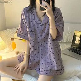 home clothing 2 sets of pocket pajamas womens home set Korean heart-shaped summer short kawai pajamas casual wear shorts printed pajamasL2403