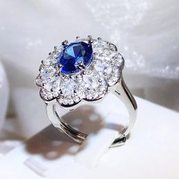 Cluster Rings In High-end Luxury Oval Blue Gemstone Opening Flower Engagement Ring 925 Silver Inlay Zircon Jewellery For Women